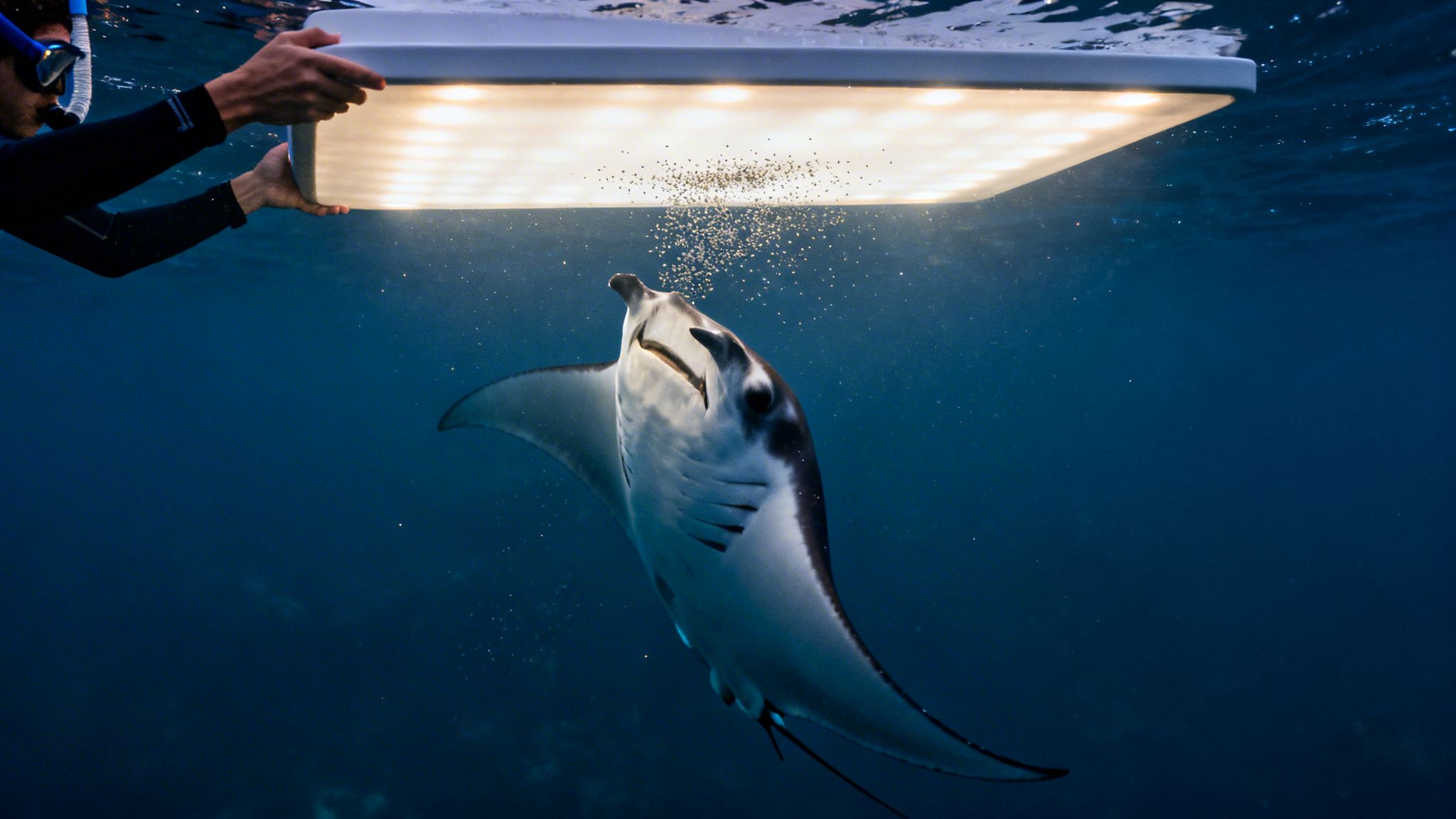 A snorkeler holds an underwater light, attracting a large manta ray feeding on plankton.