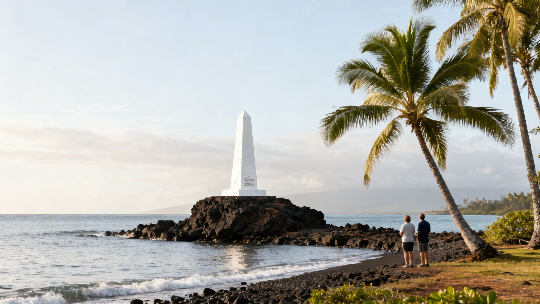 A white obelisk monument on a rocky island in a tropical bay with people on a black sand beach.