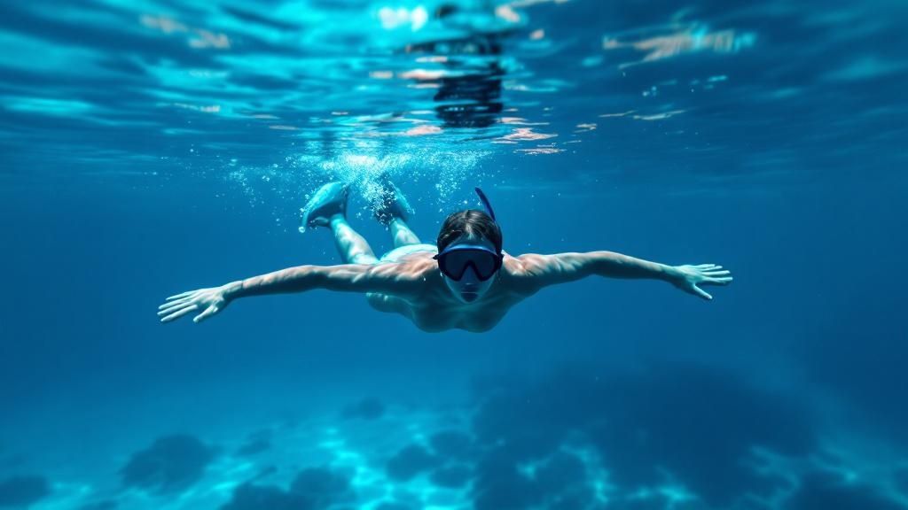 Snorkeler demonstrating proper horizontal body position and buoyancy control near a coral reef.