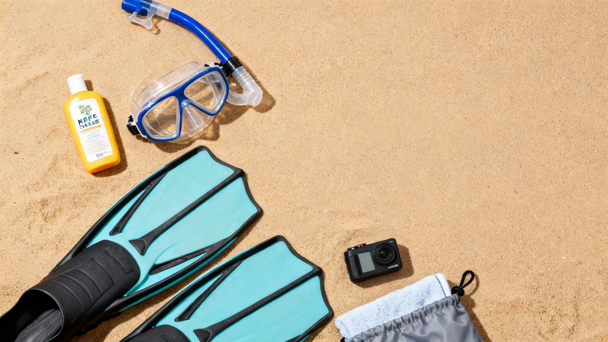 Snorkeling mask, snorkel, fins, sunscreen, and a camera on golden sand, ready for a beach vacation.