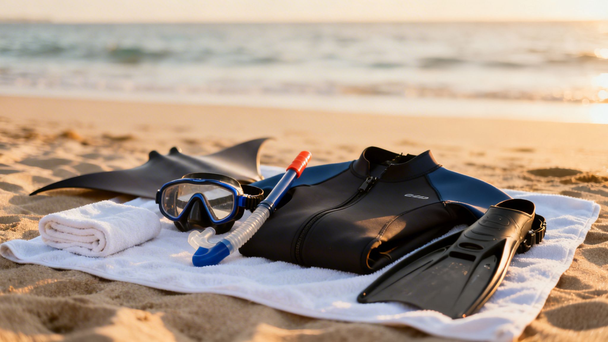 Snorkeling equipment, a manta ray float, and a towel on a sunny beach next to the ocean.