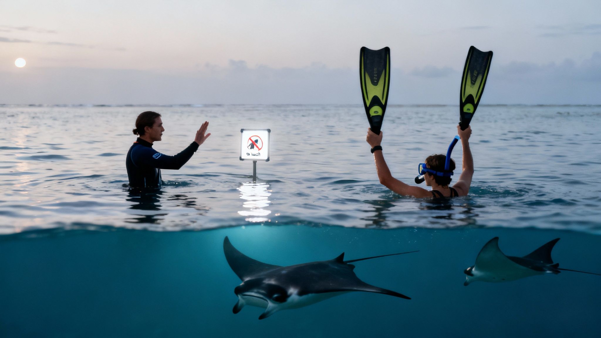 Snorkelers encounter manta rays underwater during guided ocean tour at sunset in Kona Hawaii