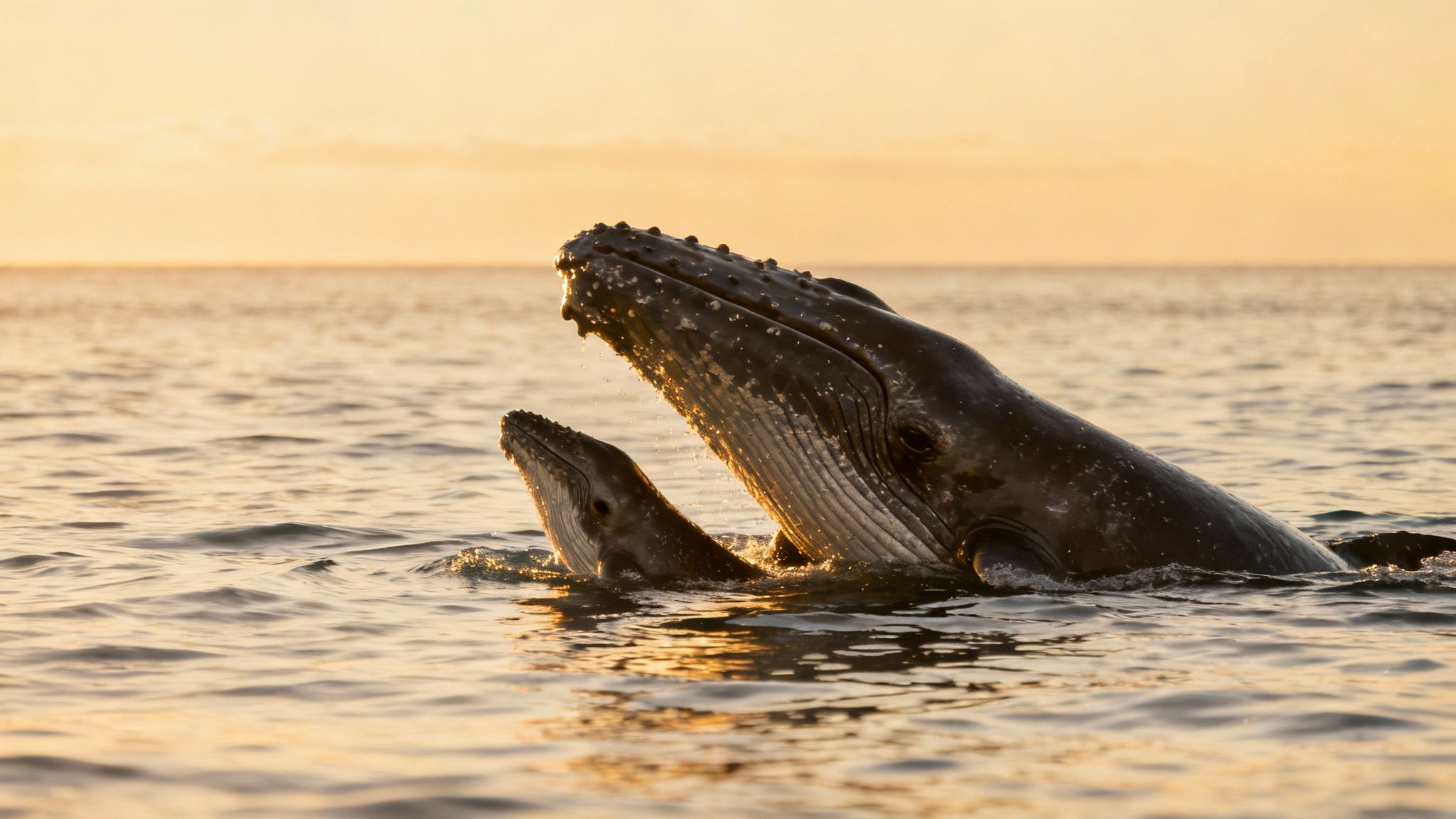 A mother humpback whale and her calf swimming side-by-side in the clear blue waters off the Big Island.