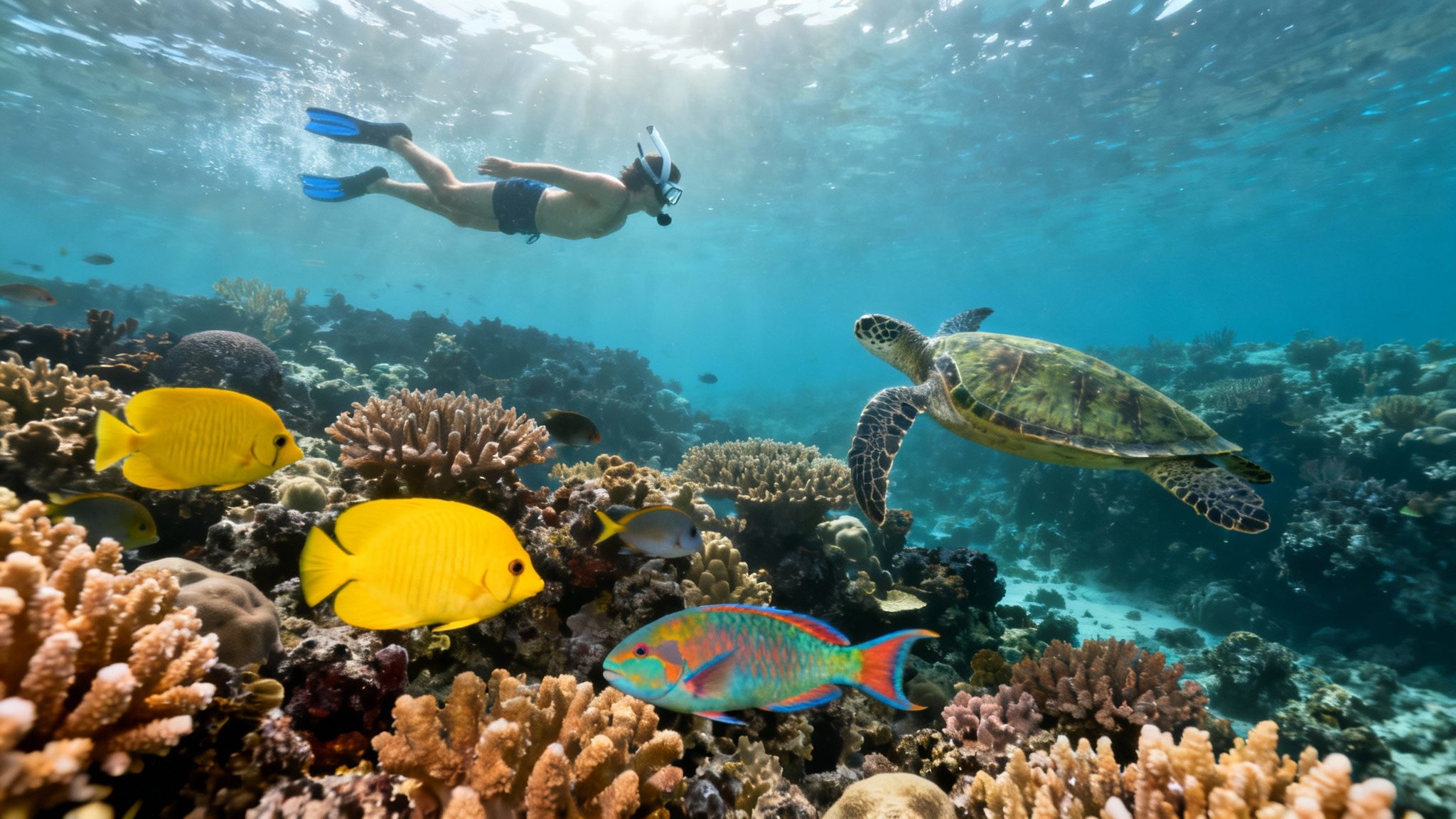 A snorkeler explores a vibrant coral reef, swimming alongside colorful fish and a majestic sea turtle.