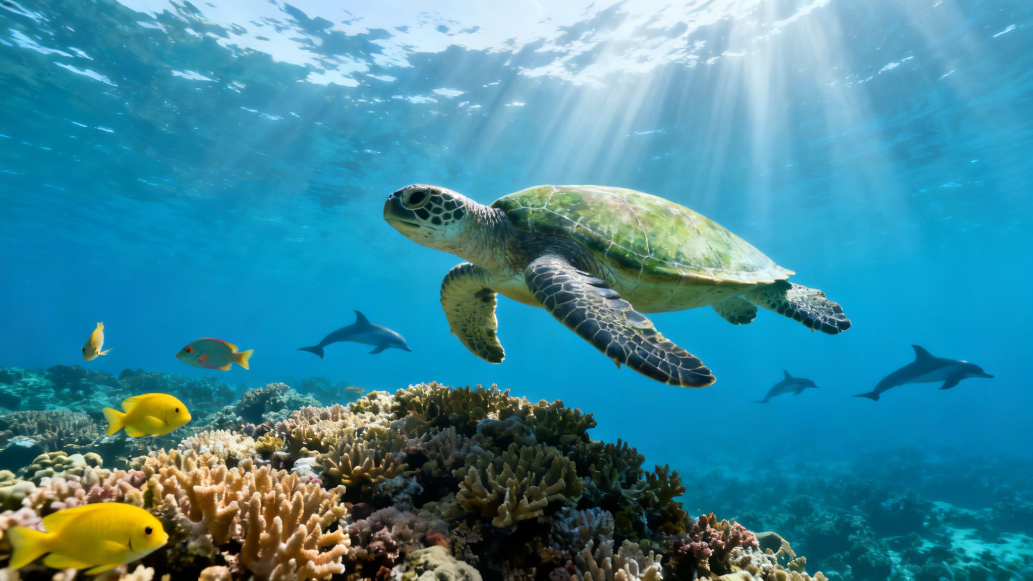 A sea turtle swims above a colorful coral reef, with sunlight, dolphins, and tropical fish.