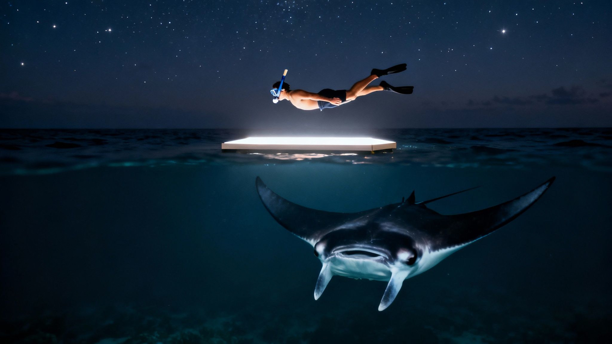 A snorkeler swims above a glowing platform at night, with a majestic manta ray beneath the starry ocean surface.