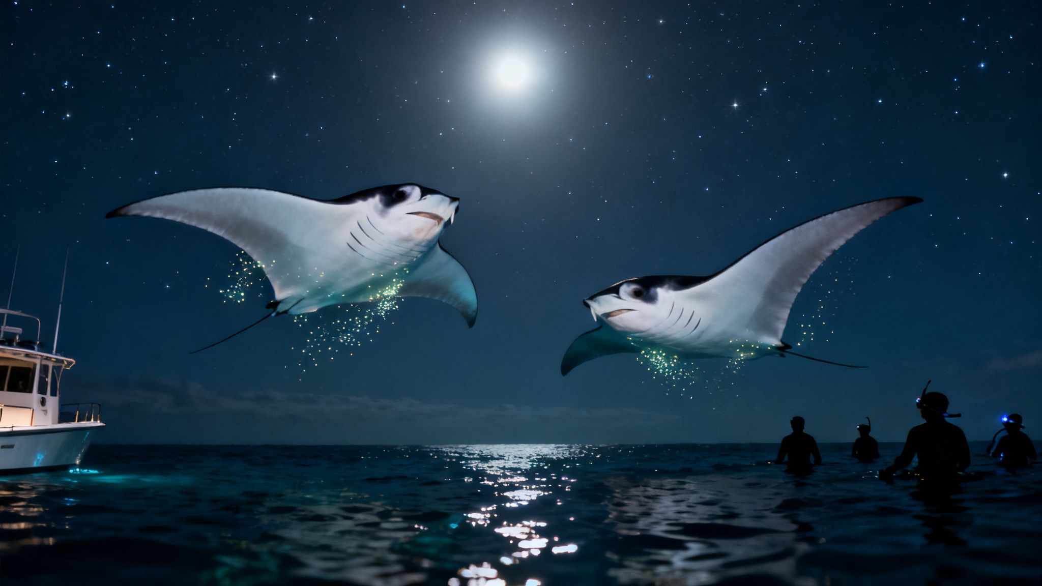 Two bioluminescent manta rays swim at night under a starry sky while snorkelers watch near a boat.