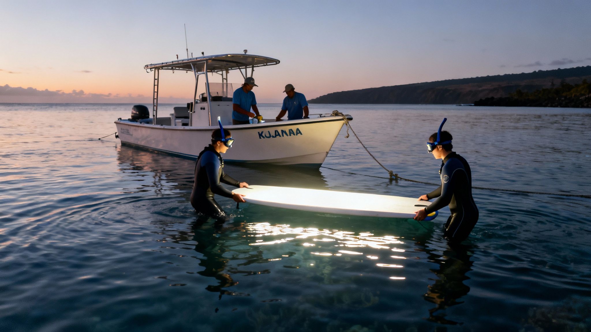 Two snorkelers with a glowing board in the ocean, preparing for a night swim near a boat.