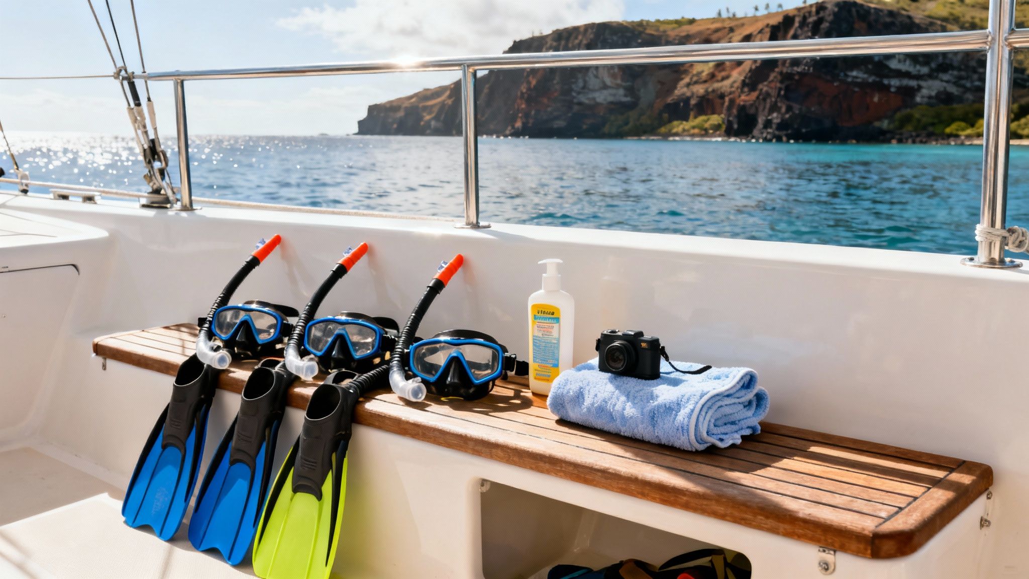 Snorkeling gear, sunscreen, and a camera on a boat deck overlooking the ocean and hills.