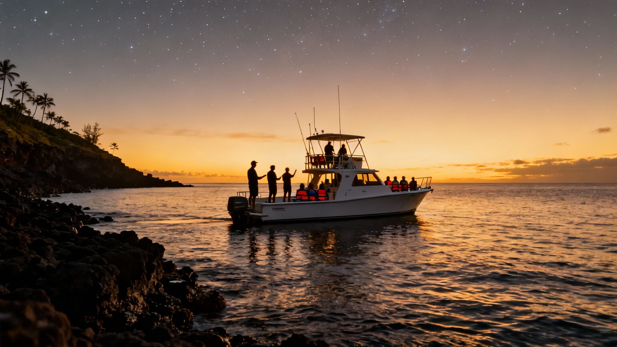 A boat with people in life jackets on calm water near a palm-lined coast under a starry sunset sky.