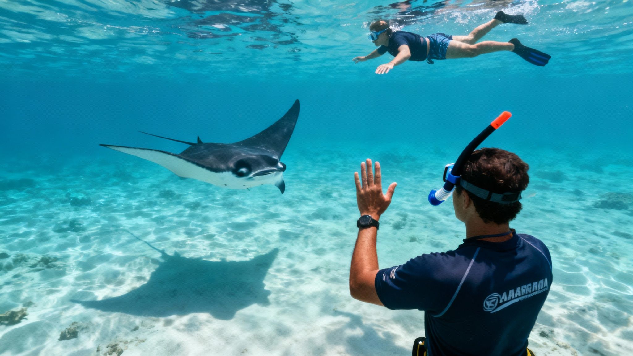 A manta ray glides gracefully near the ocean floor in clear blue water.