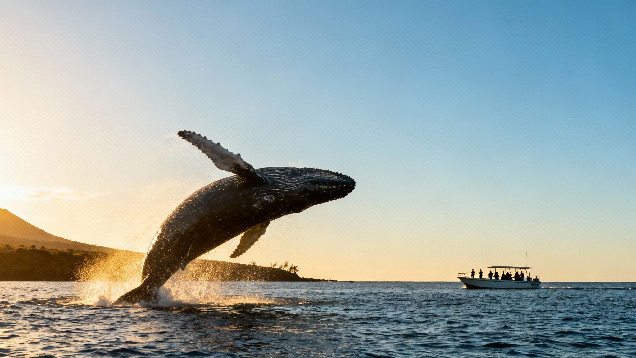 A humpback whale breaching out of the ocean in Kona, Hawaii