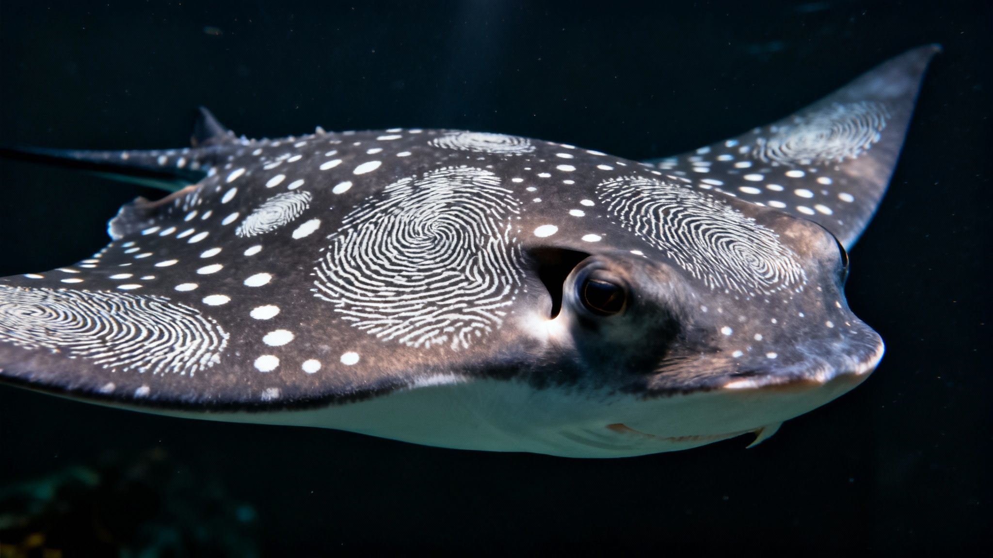 Close-up of a spotted eagle ray with unique fingerprint-like patterns swimming in dark water.