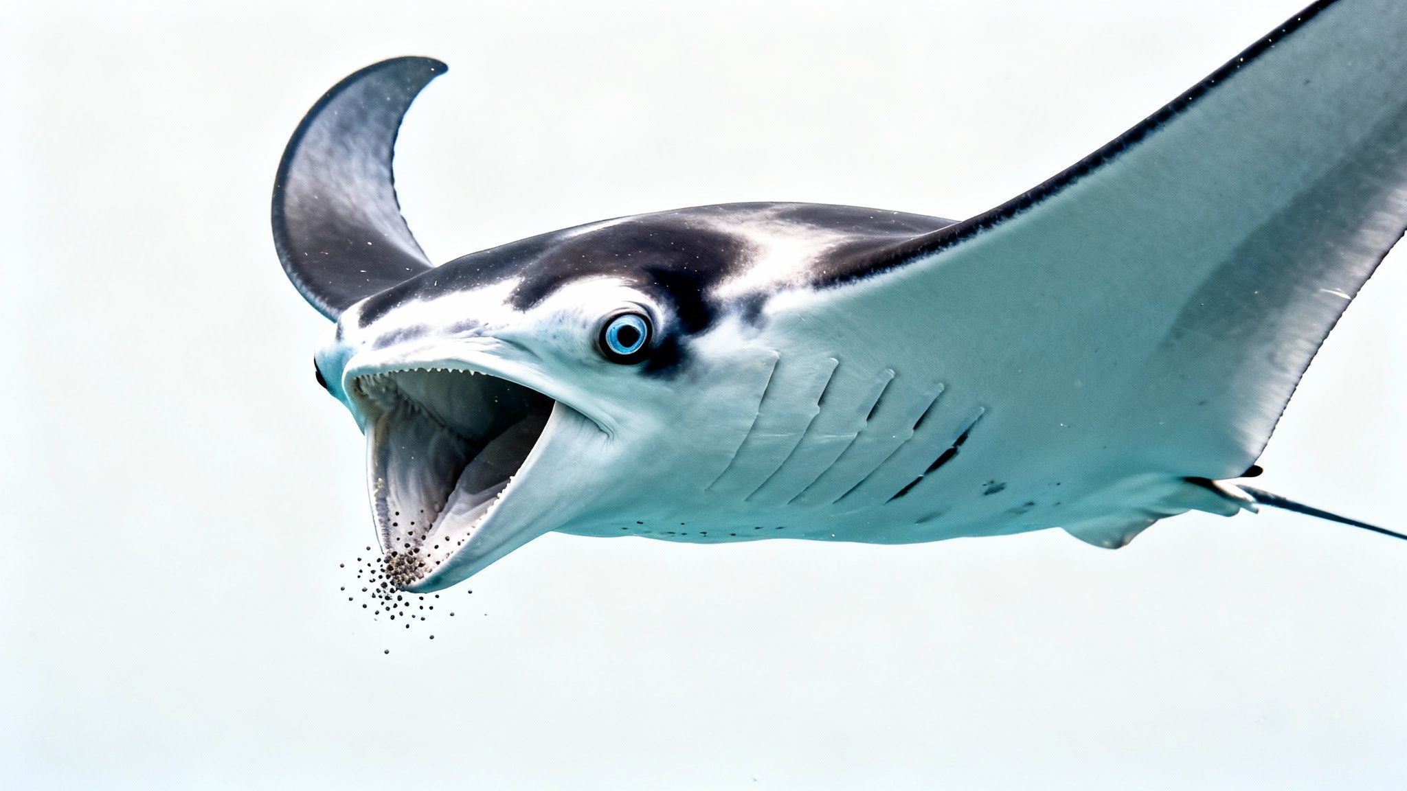 A majestic manta ray swims underwater with its mouth open, filter-feeding on tiny particles.
