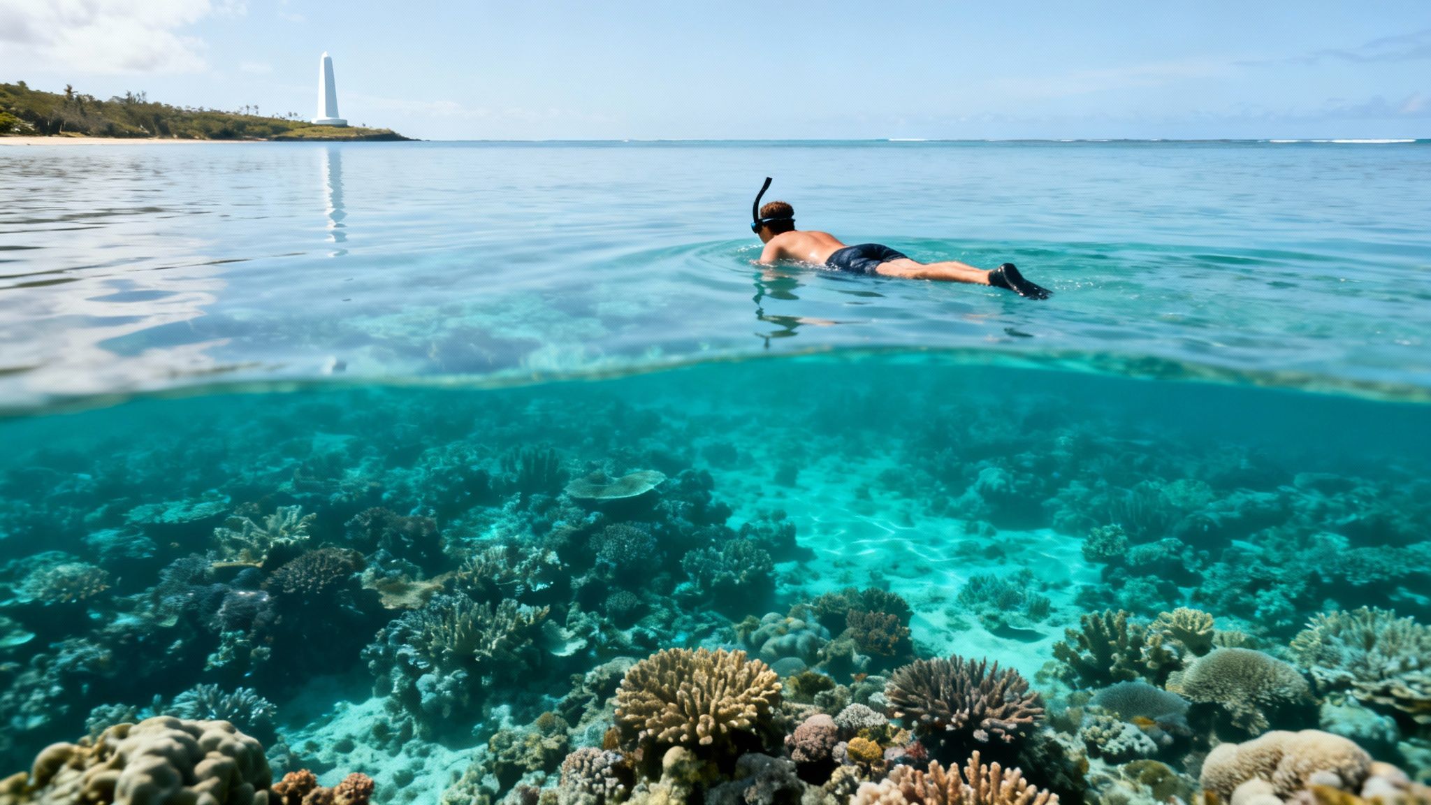 A split-level shot of a person snorkeling over a vibrant coral reef, with a white lighthouse on the distant shore.