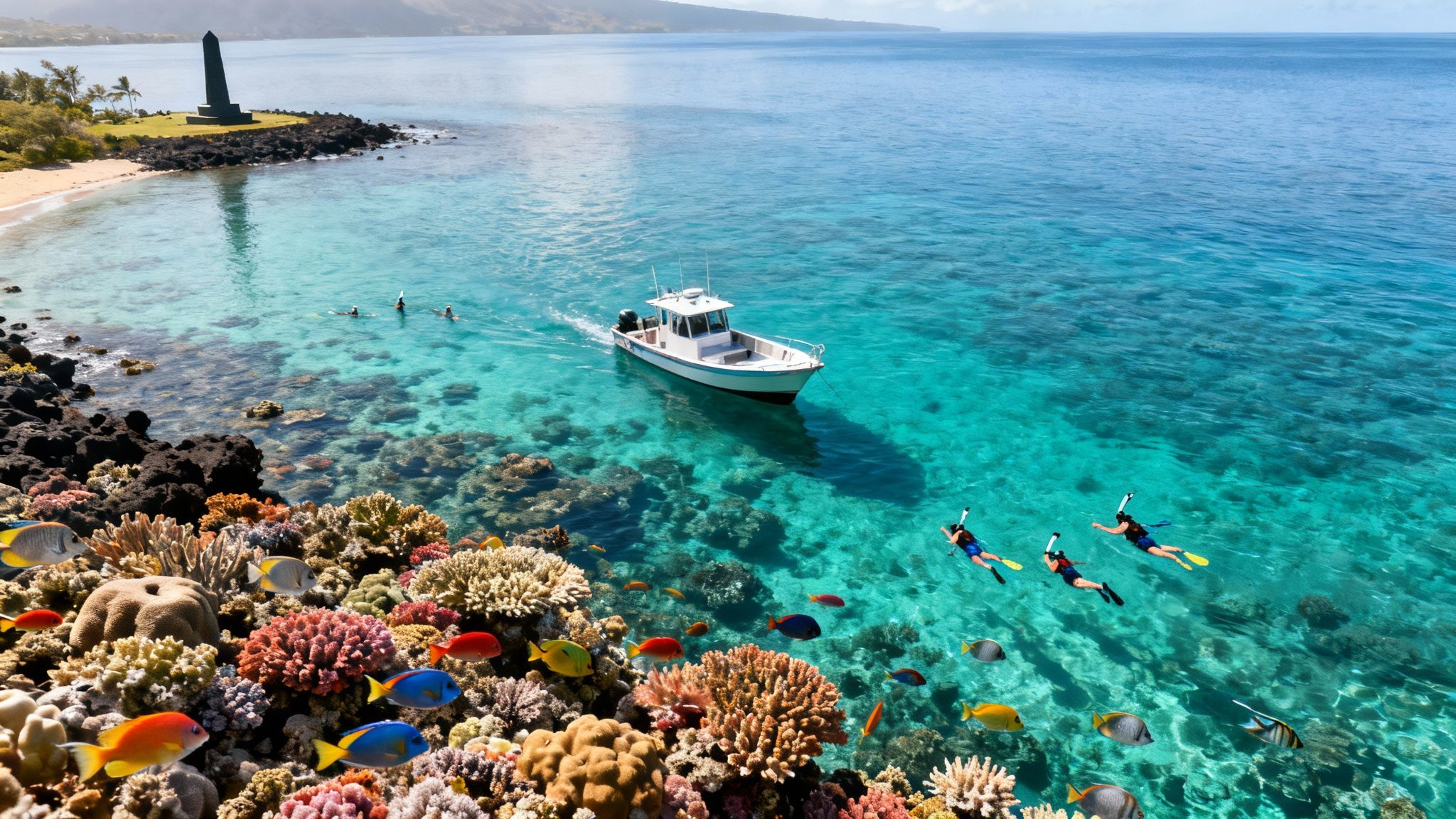 Vibrant coral reef and colorful fish in clear Hawaiian waters with snorkelers, boat, and coastline.