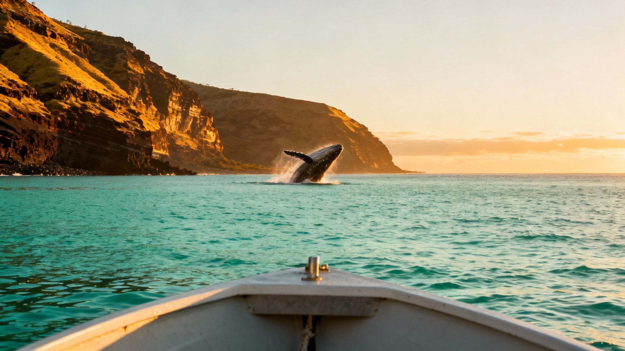A pod of humpback whales swimming with the Big Island's volcanic coast in the background