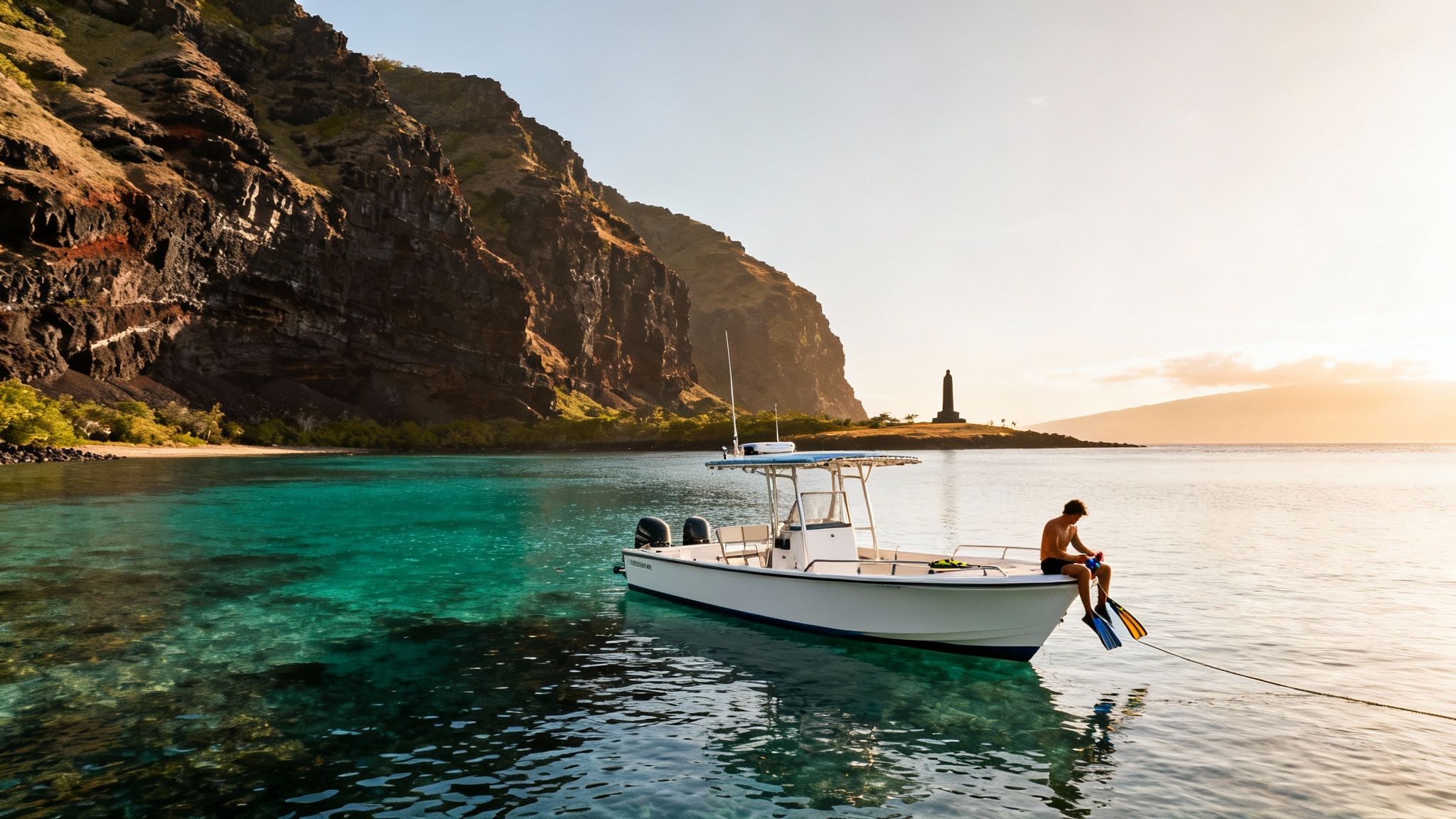 Man preparing to snorkel on a boat in clear turquoise water near majestic cliffs and a monument.