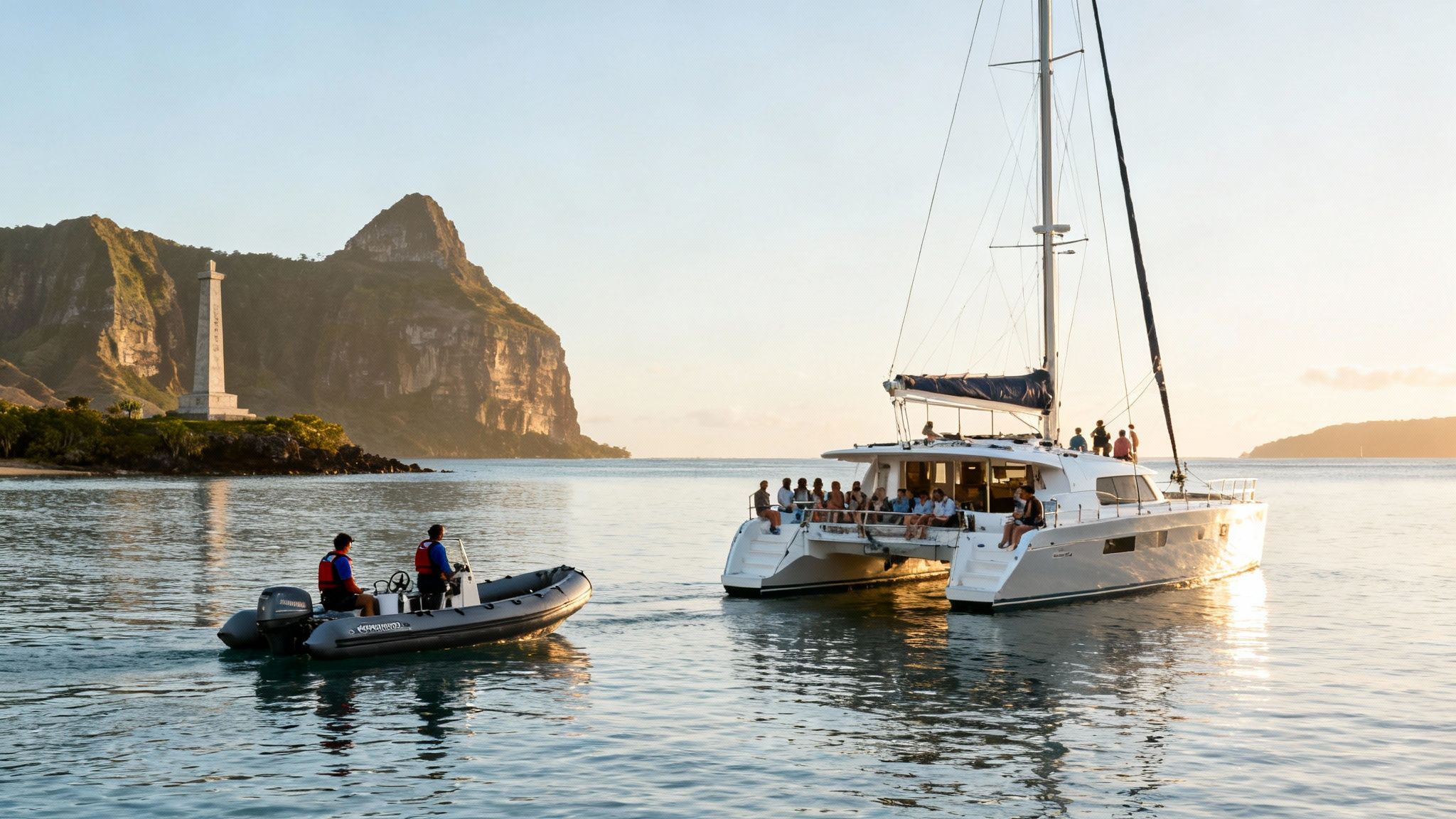 A large catamaran and a small dinghy with people on calm water during sunset, with mountains and a monument in the background.