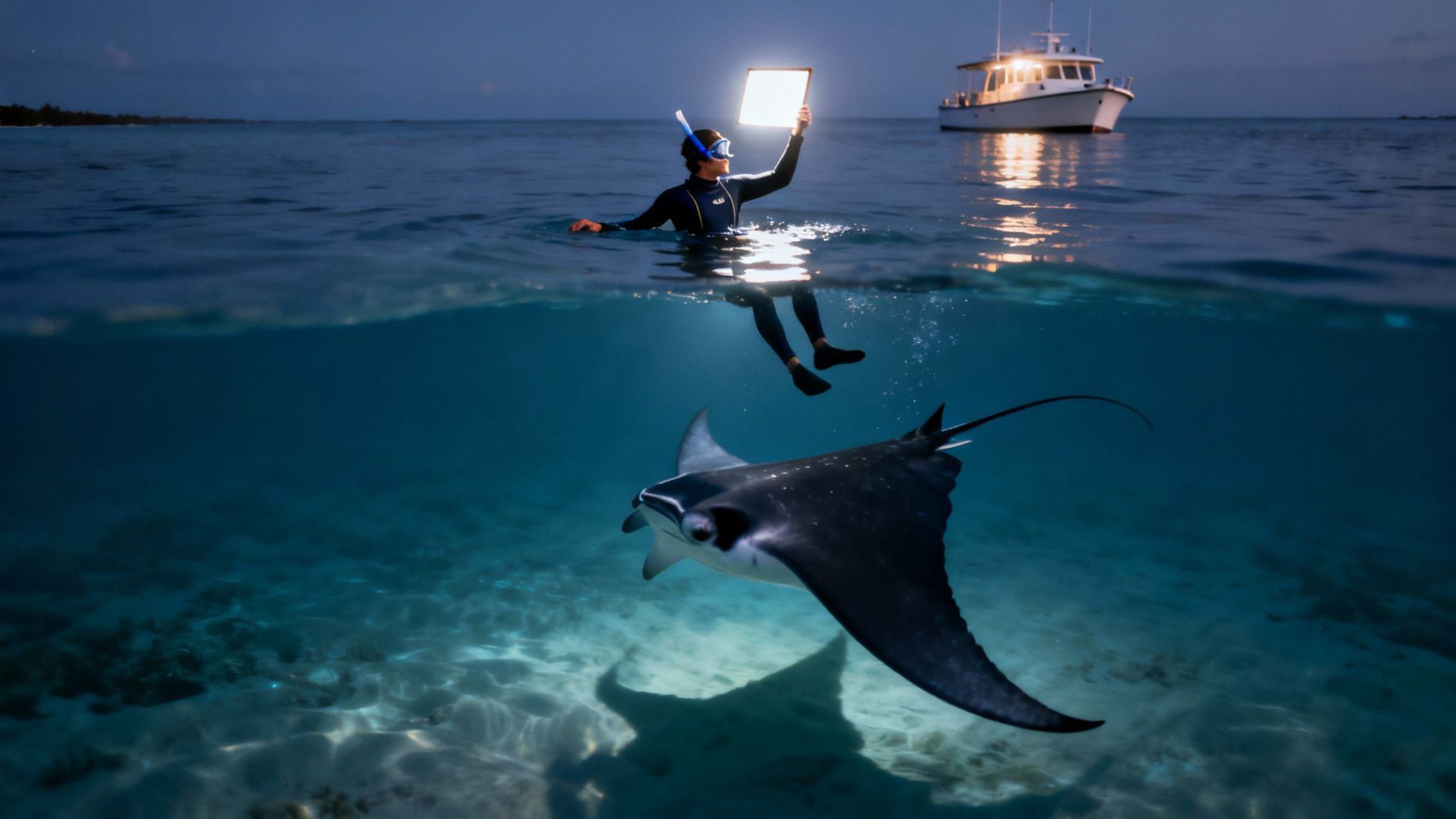 A person snorkels at night, holding a light that illuminates a graceful manta ray underwater.