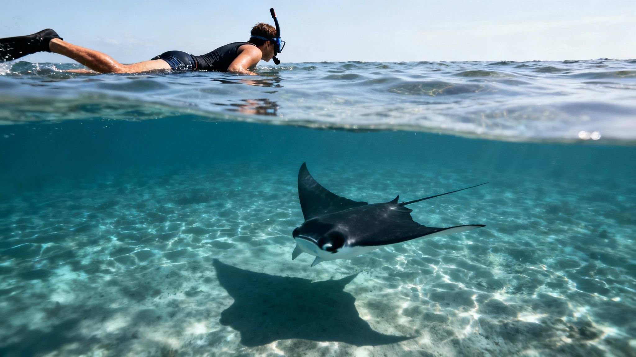 A person snorkels above a majestic manta ray swimming gracefully over a sandy seabed in clear blue water.