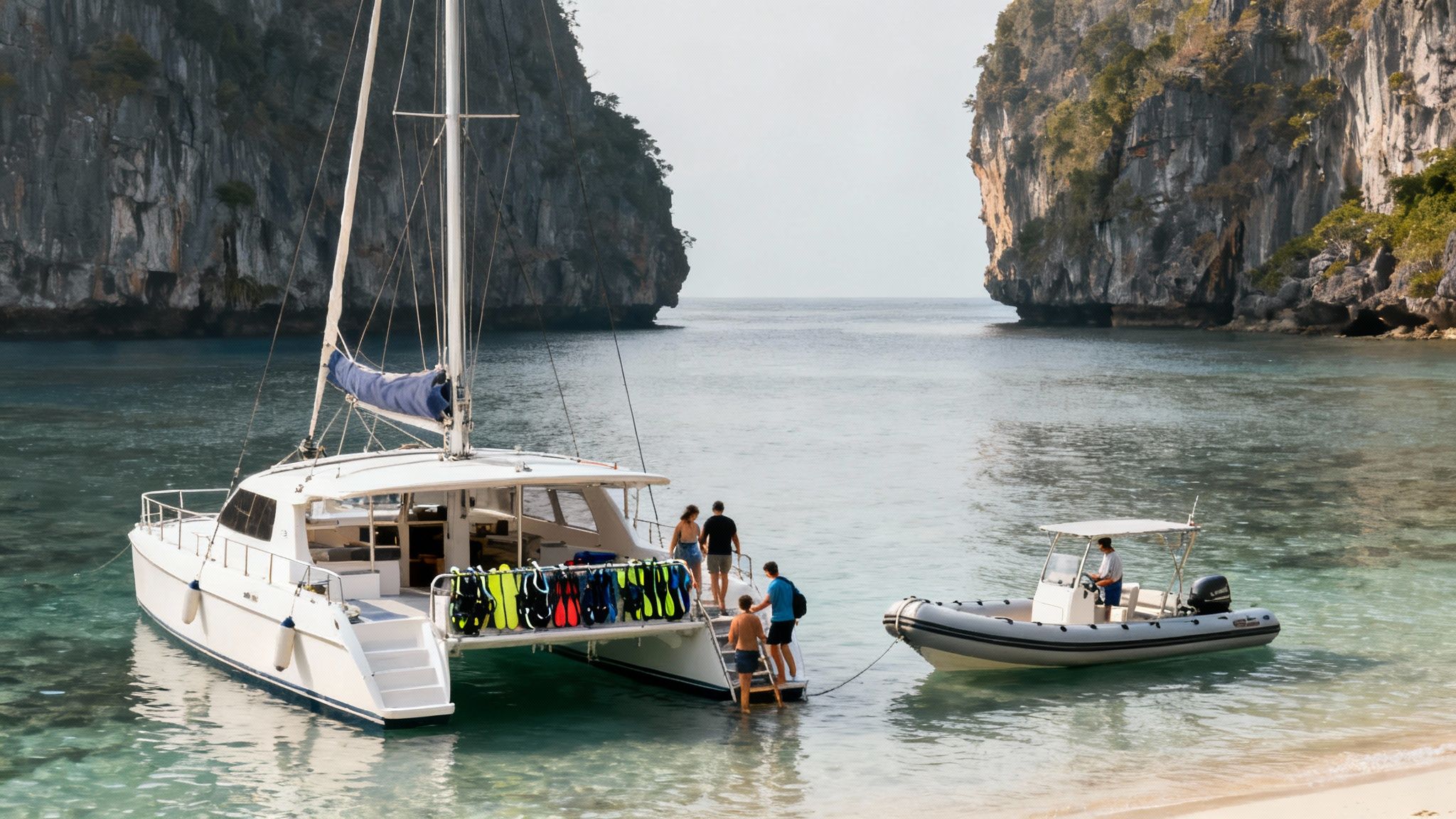 A snorkeling tour boat anchored in the clear blue waters of Kealalakekua Bay