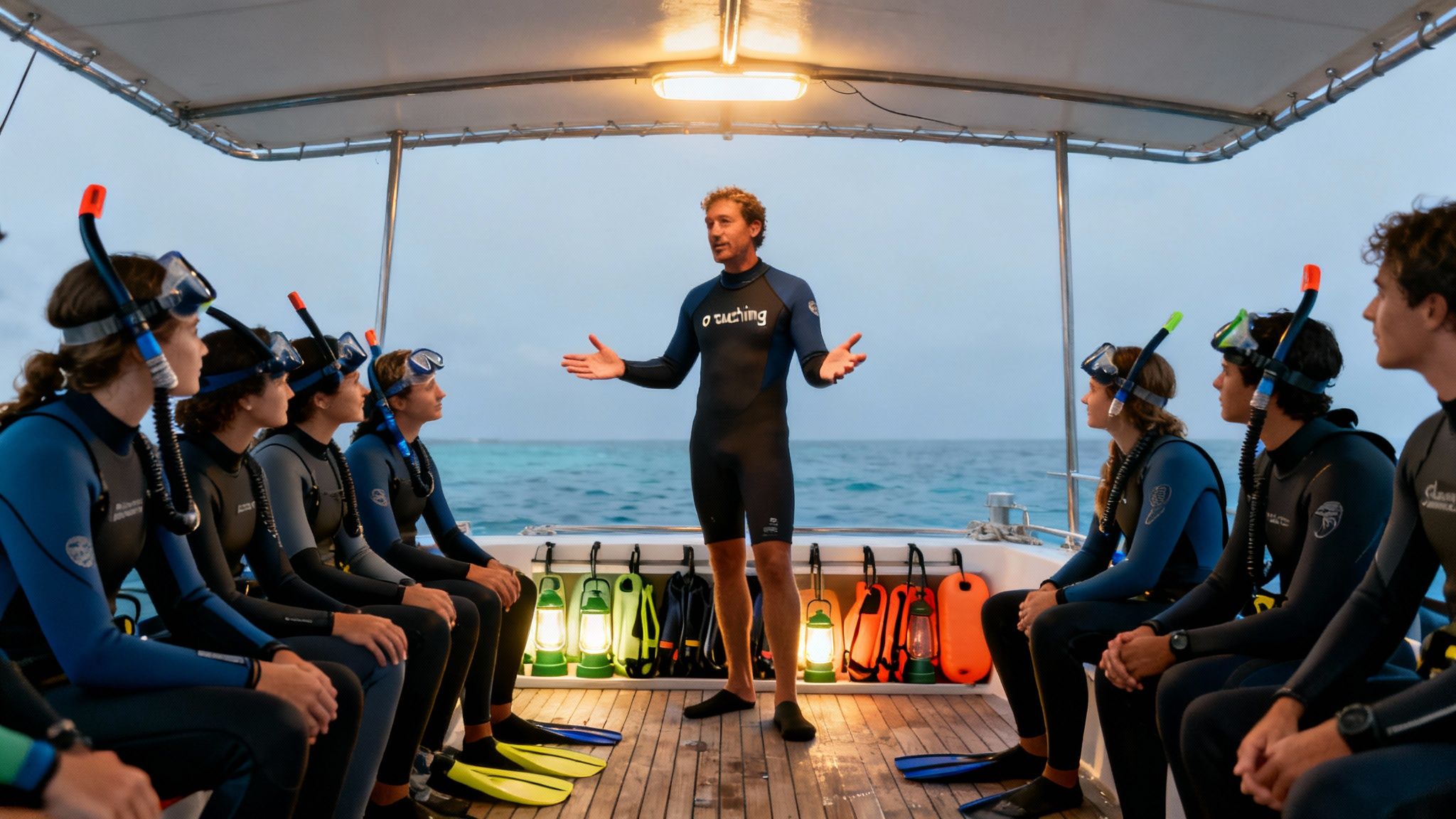 Instructor briefs snorkelers in wetsuits on a boat at dusk with lanterns glowing.