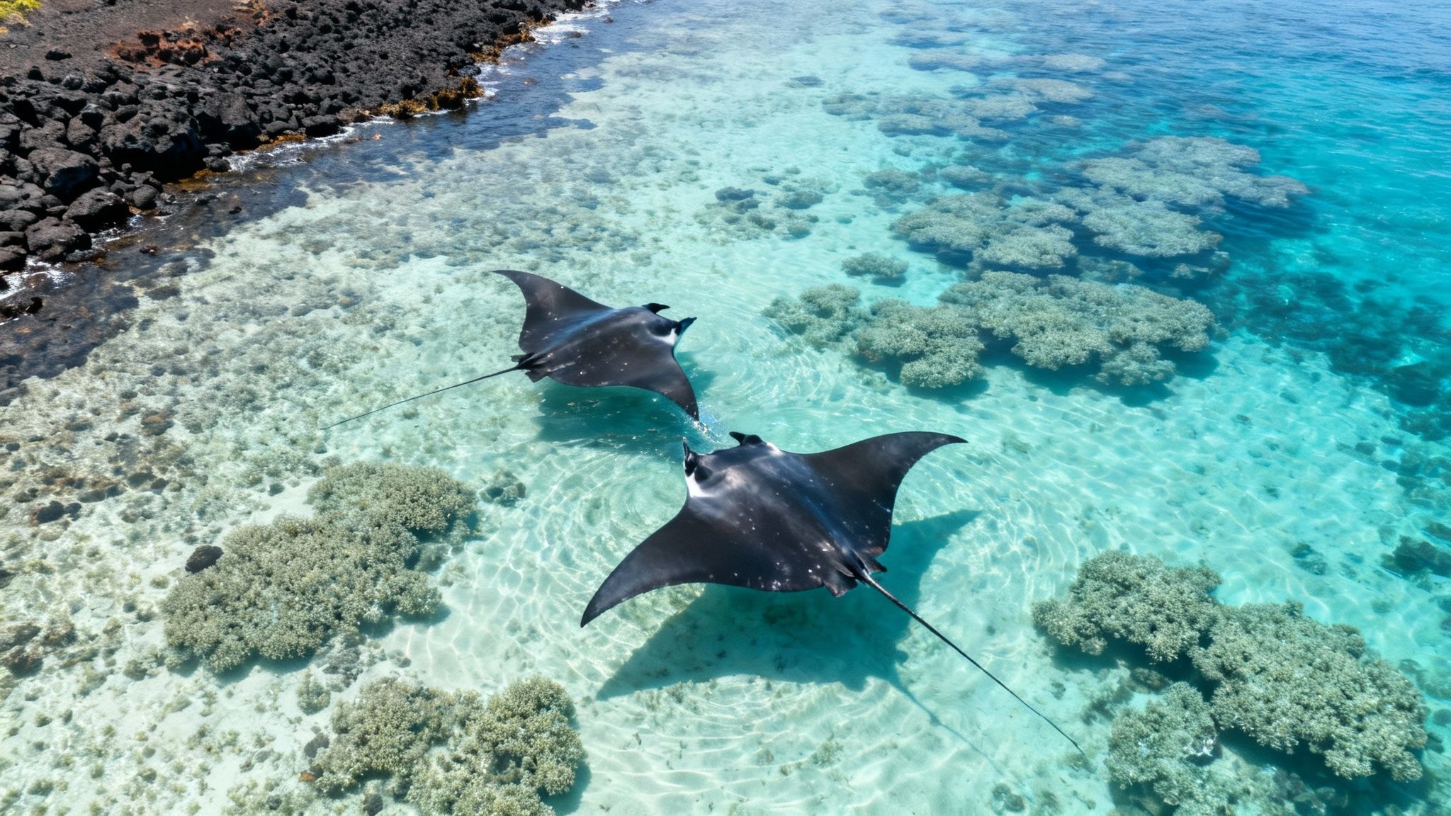 Two majestic manta rays swim gracefully in a vibrant turquoise ocean above a coral reef near a rocky coast.