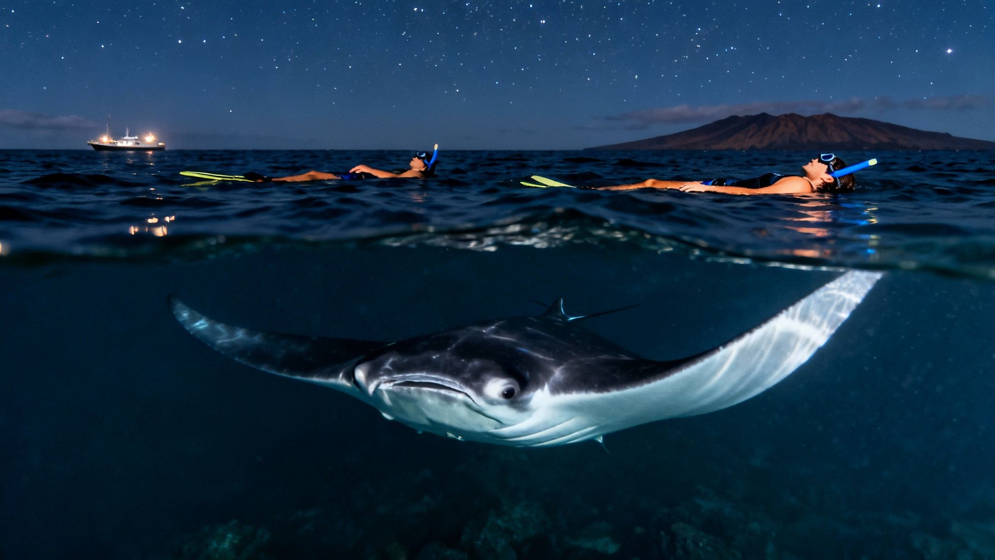 Two snorkelers float under a starry night sky with a giant manta ray swimming beneath them in the ocean.