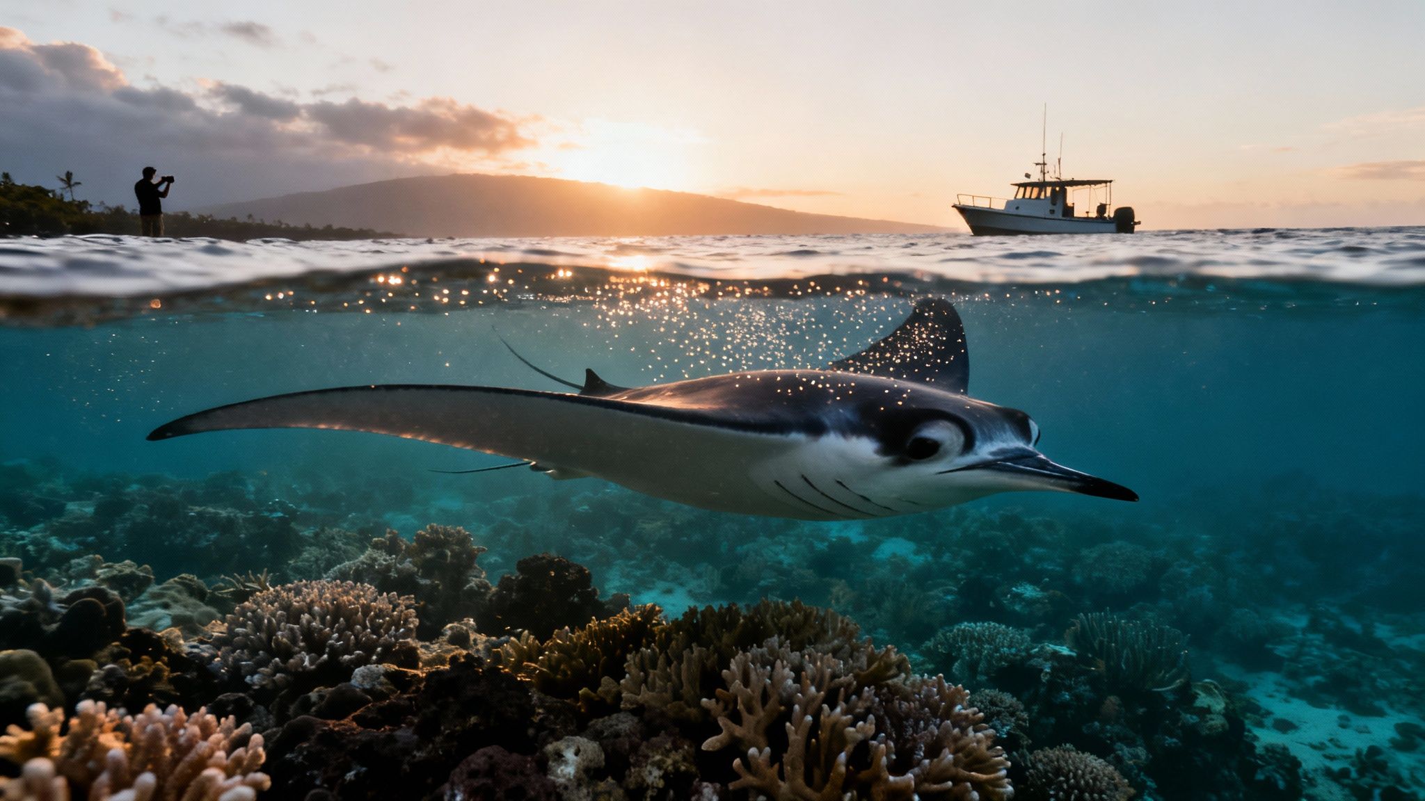 A majestic spotted eagle ray glides over a coral reef at sunset, capturing an ocean split-level view.