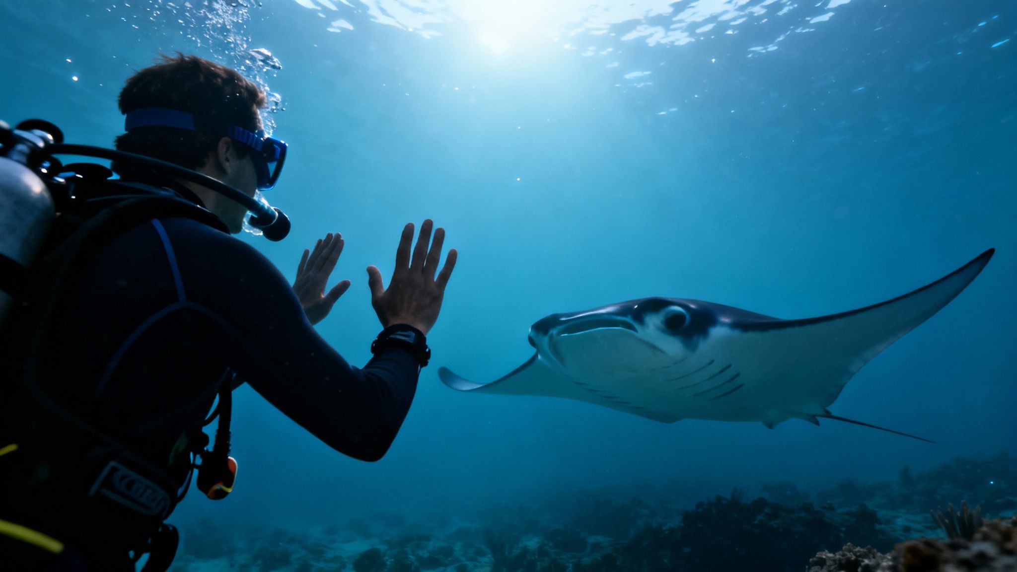 A scuba diver with hands raised encounters a large manta ray underwater, illuminated by sunlight.