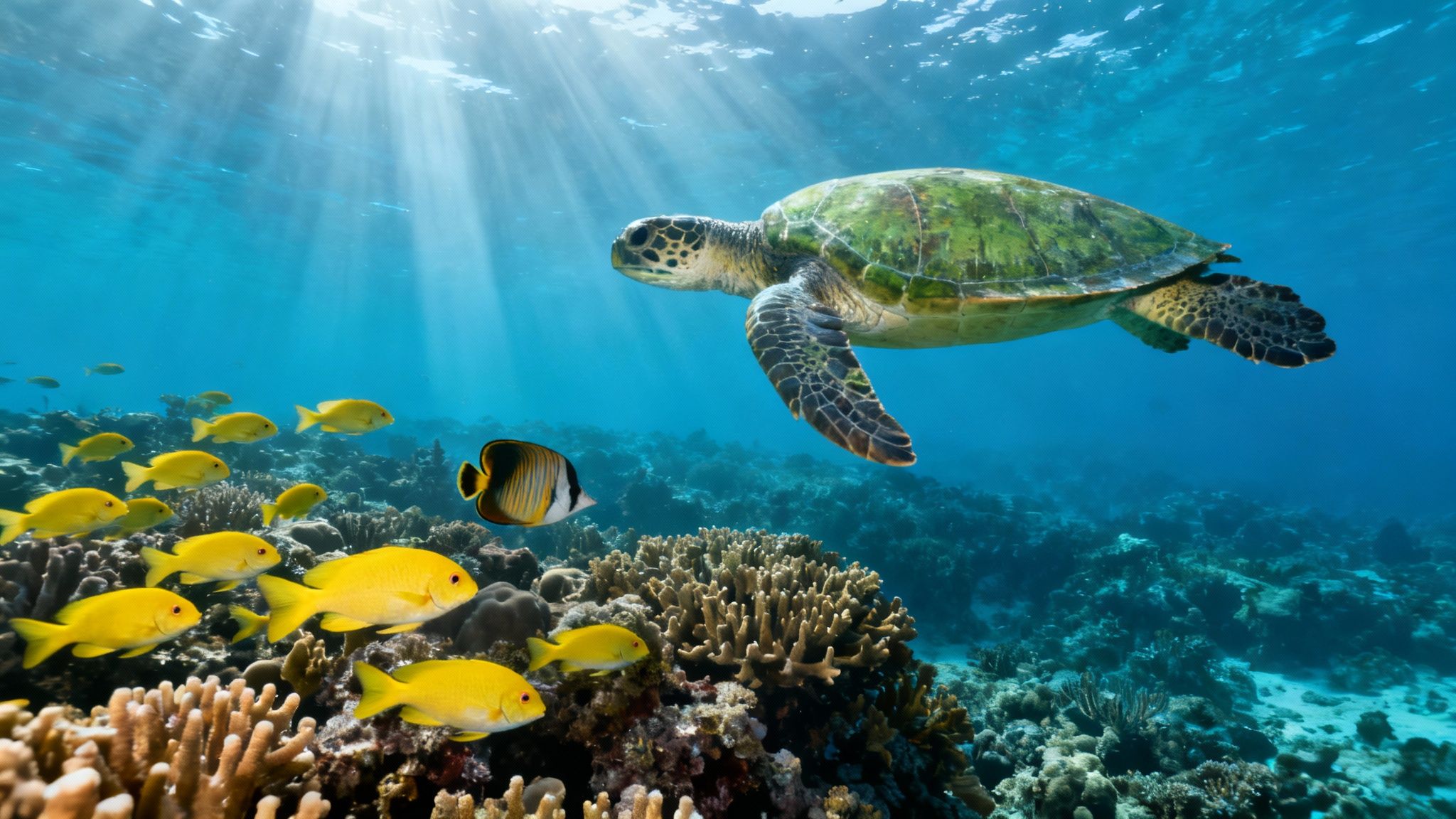 A majestic green sea turtle swims above a vibrant coral reef teeming with yellow fish and sun rays.