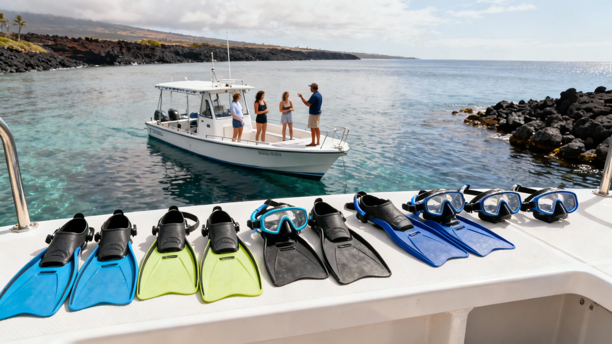 A group of snorkelers receiving a briefing from a guide on a tour boat