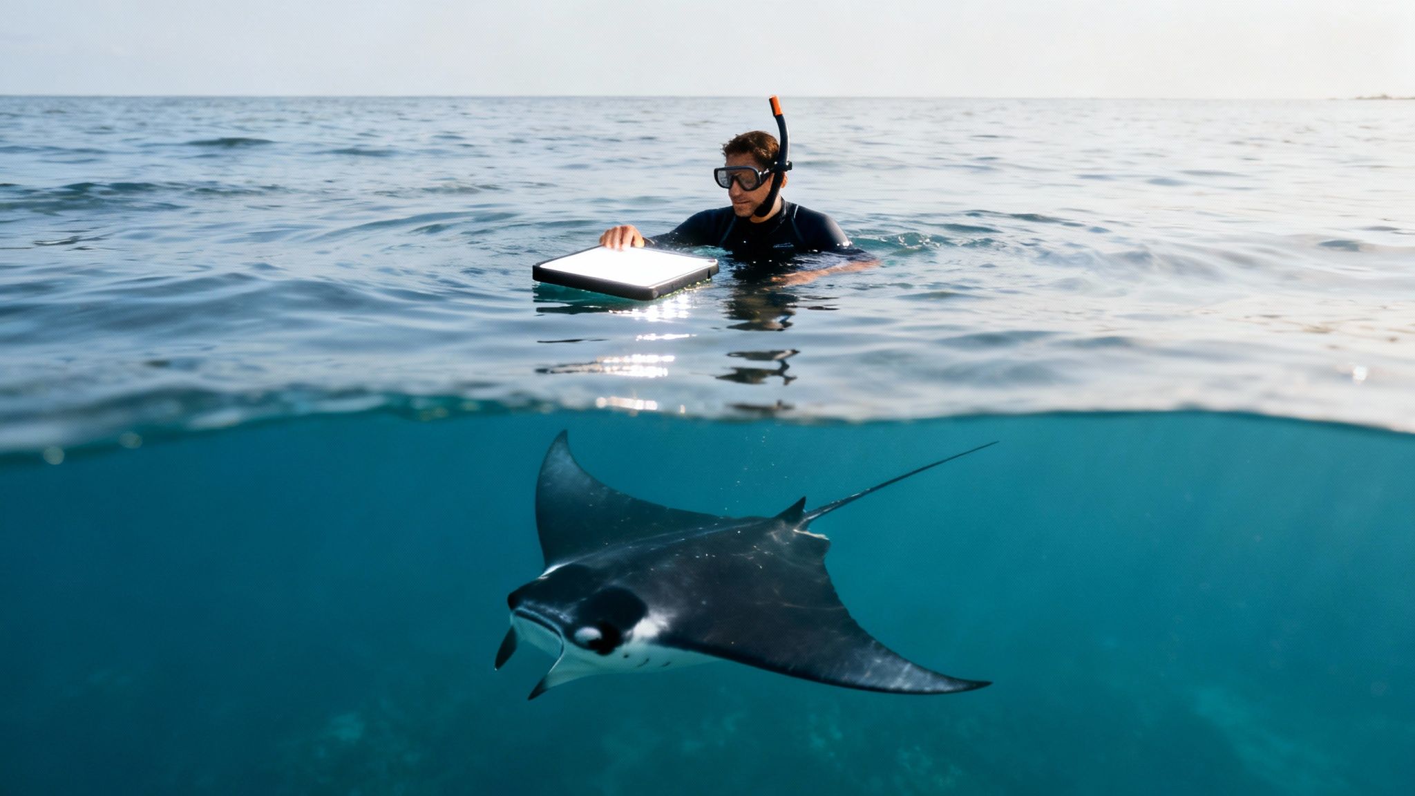 A snorkeler observes a majestic manta ray in clear ocean waters, captured in a split-level shot.