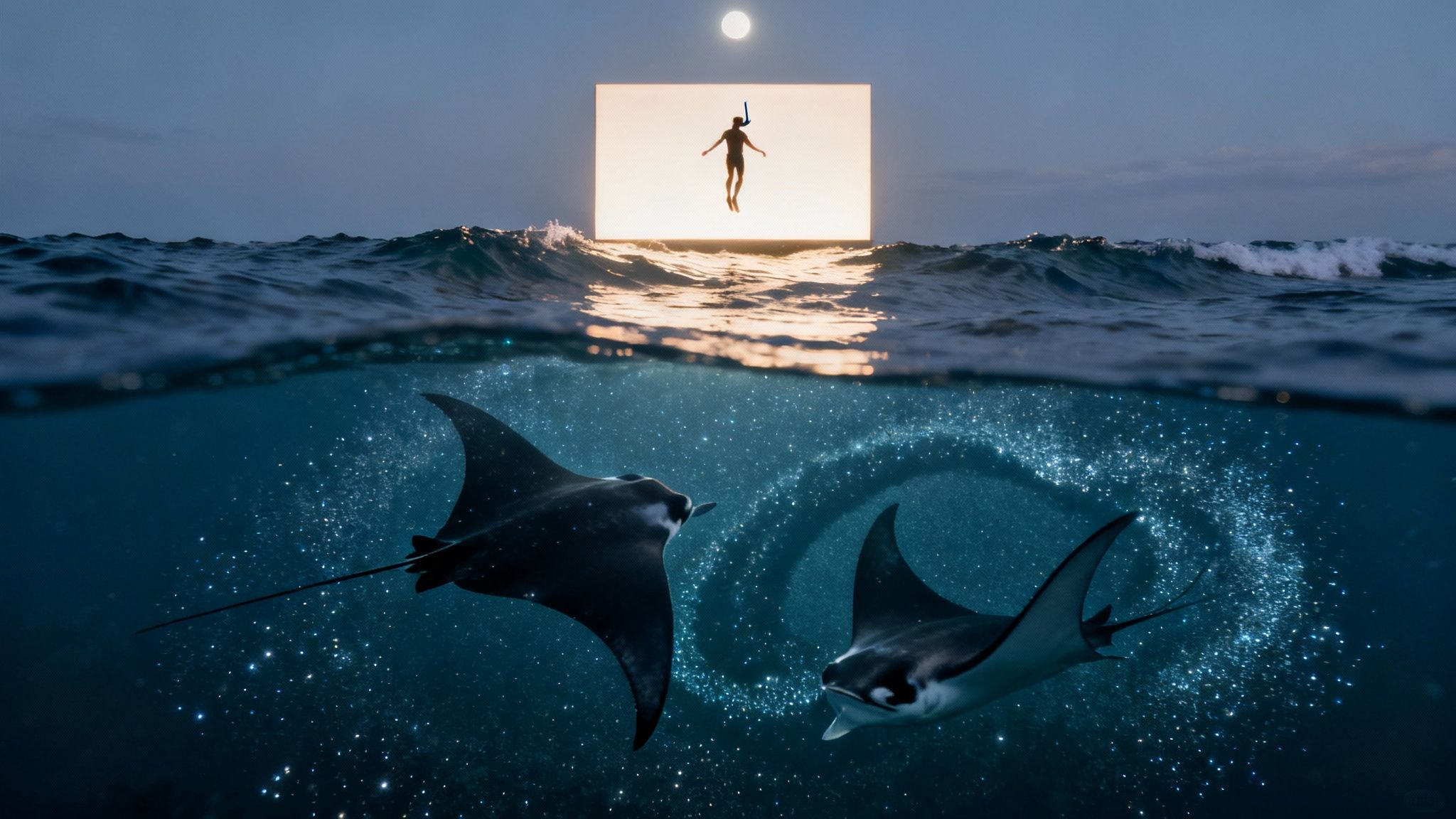 A split image of a diver above water near a glowing portal and manta rays in a sparkling ocean.