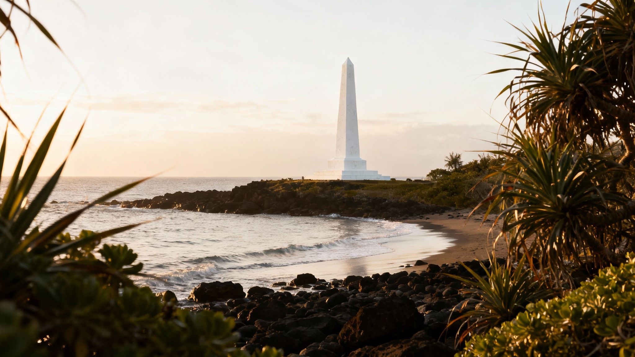 A white obelisk monument stands on a rocky coastline with a beach, ocean, and tropical plants at sunset.