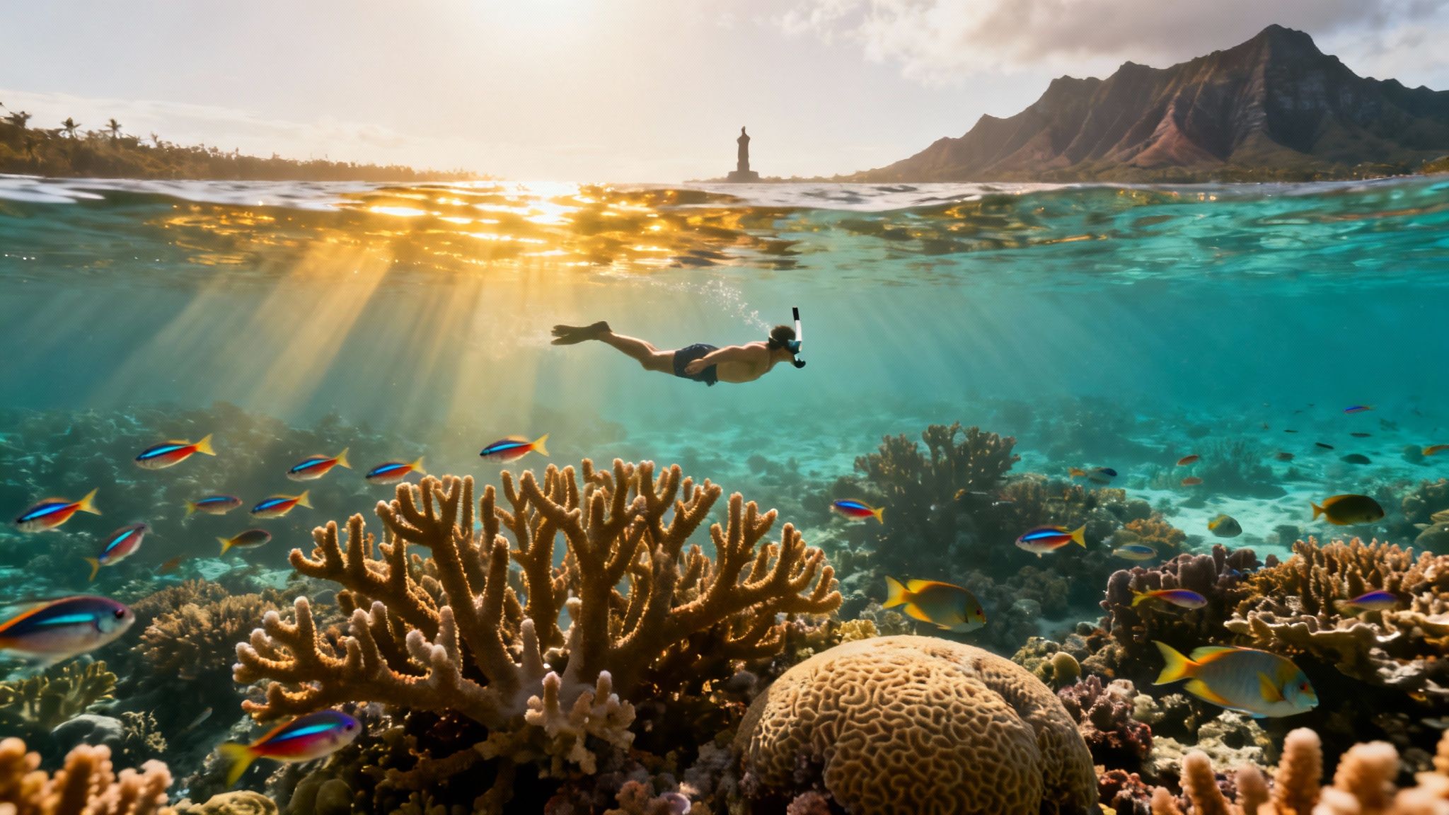 A man snorkeling in clear tropical waters, surrounded by vibrant coral reefs and colorful fish, with a sunny island landscape above.