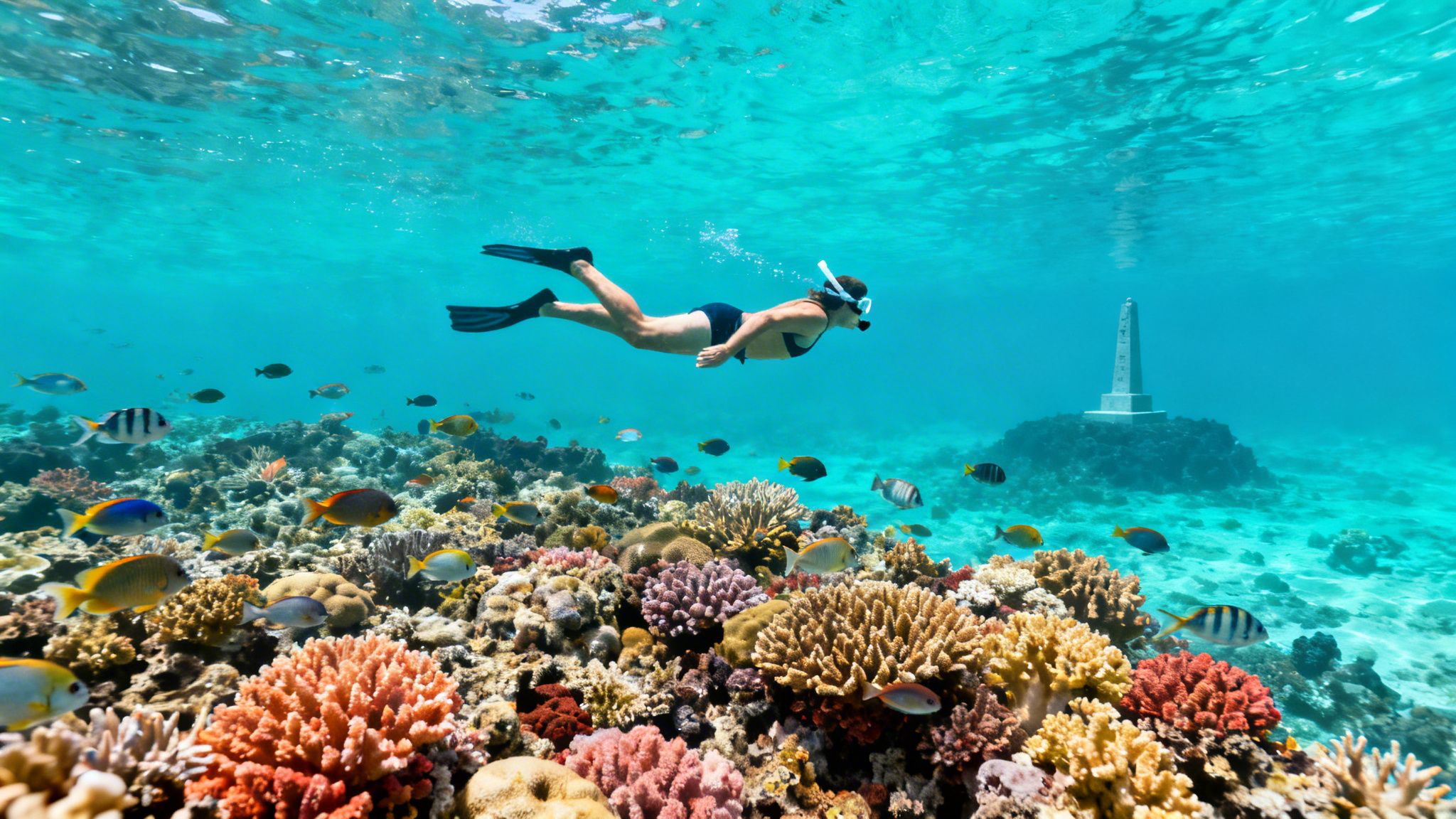 A person snorkels above a vibrant coral reef with many colorful fish and an underwater monument.