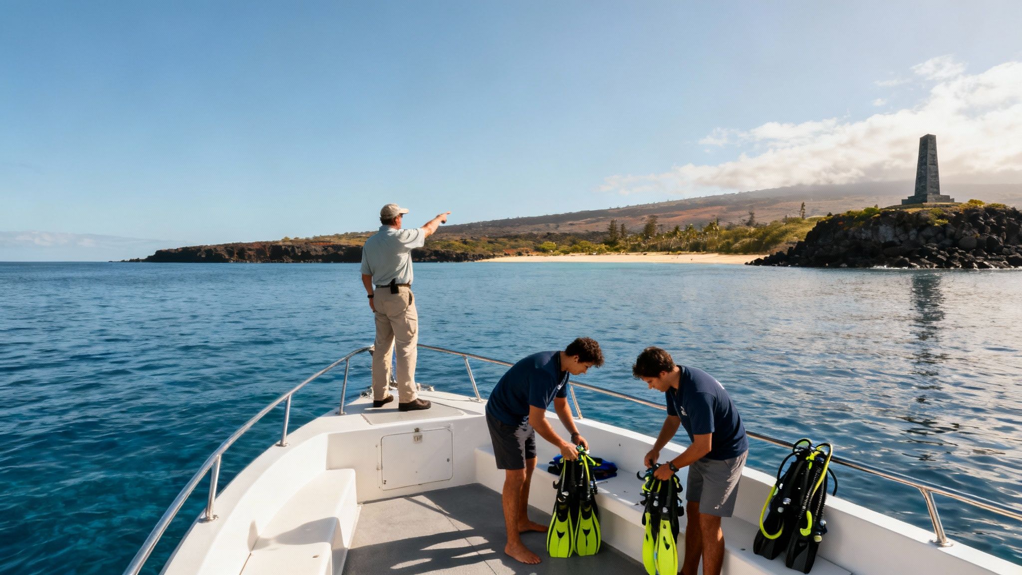 A tour boat anchored in the calm, clear waters of Kealakekua Bay near the Captain Cook monument.