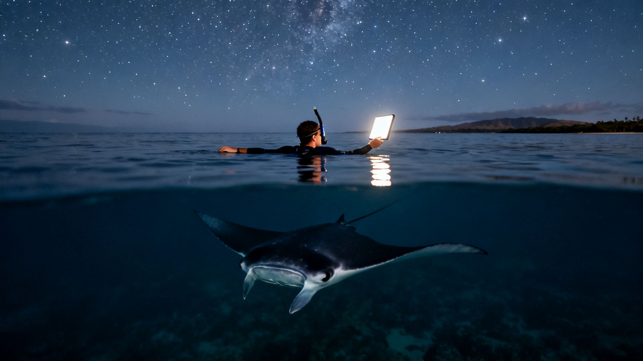 A person snorkeling at night with a glowing tablet, illuminating a manta ray underwater and the starry sky.