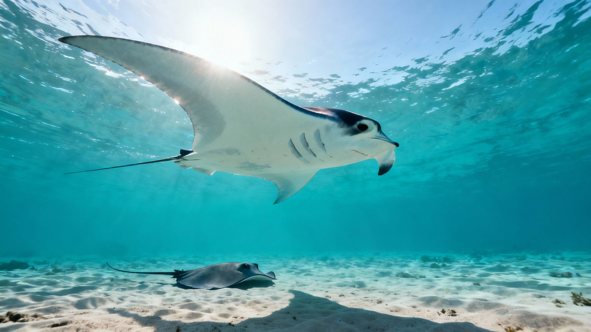 A majestic manta ray swims above a sandy seafloor with a stingray, sunlight piercing clear blue water.