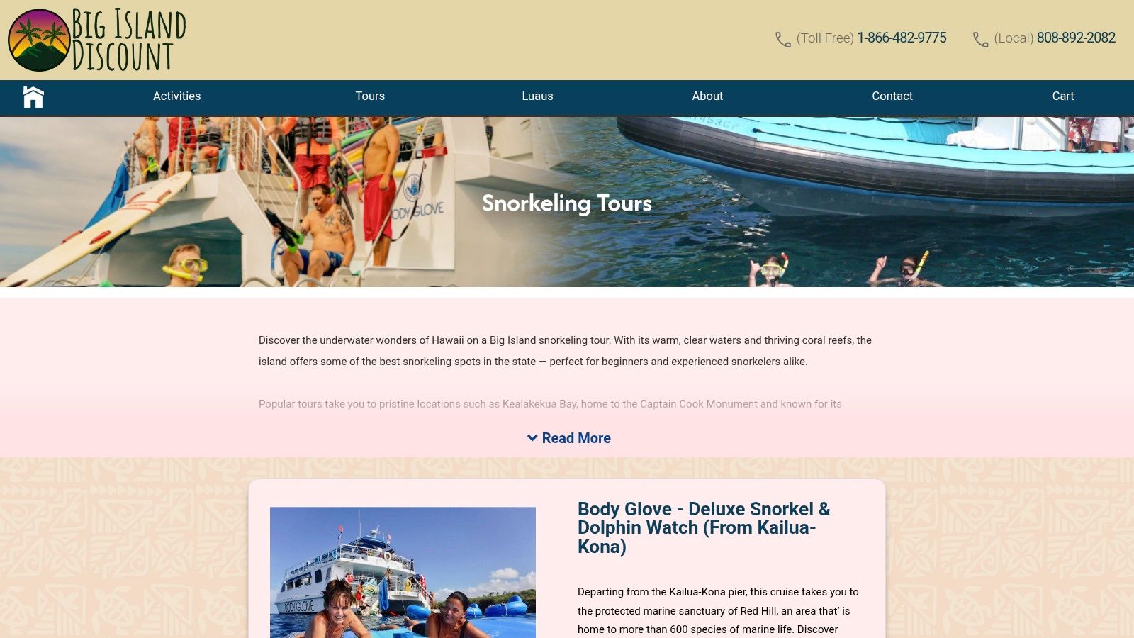 Big Island Discount website interface showing tour options