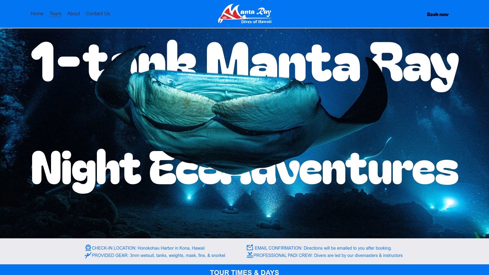 Manta Ray Dives of Hawaii website showing boat and snorkelers