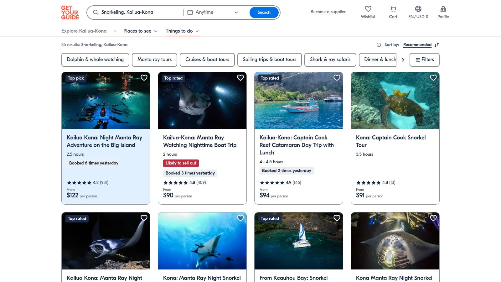 GetYourGuide snorkeling tour listings for Kailua-Kona