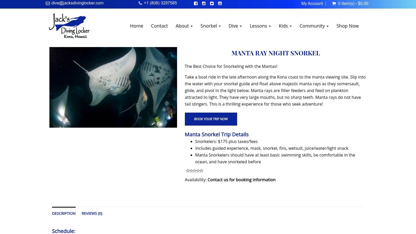 Jack’s Diving Locker website showing manta ray information