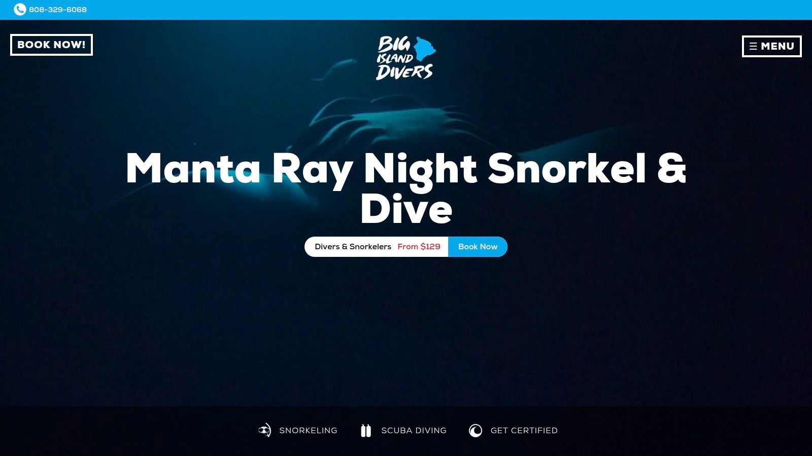 Big Island Divers website showing snorkel tour options