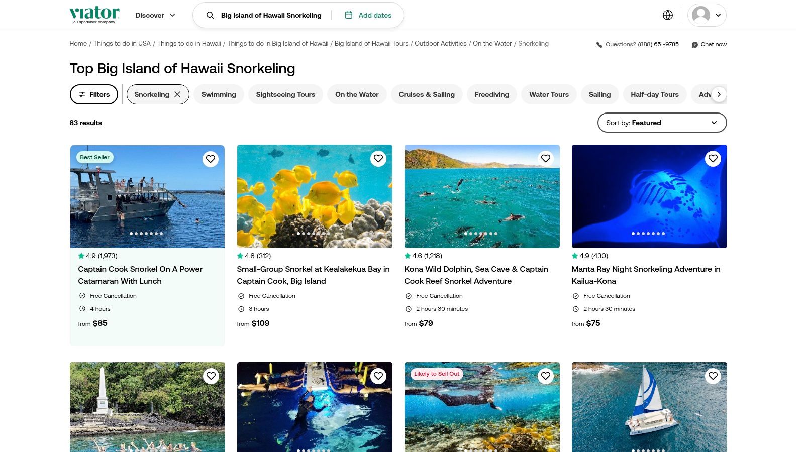 Viator snorkeling tour listings for the Big Island