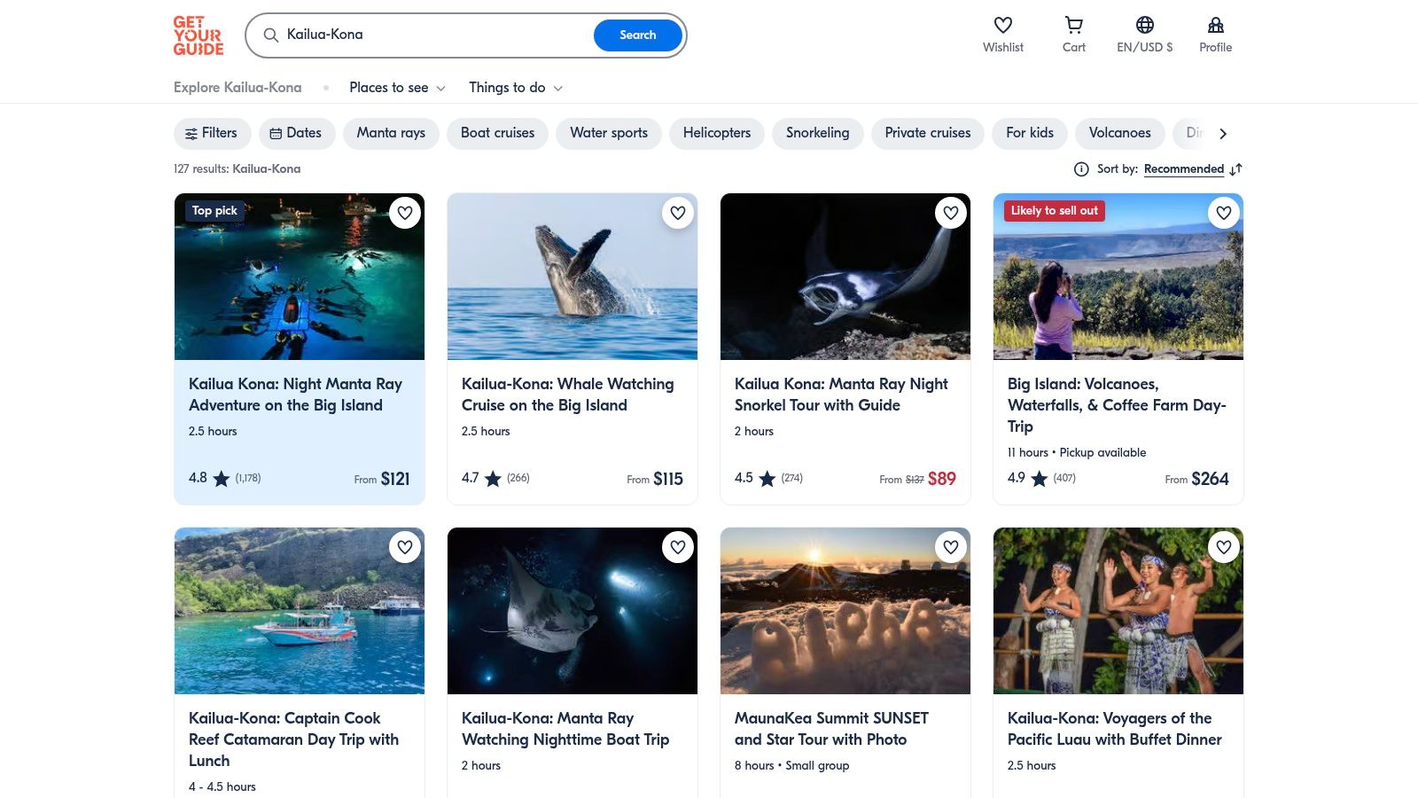 GetYourGuide listings for Big Island Kona snorkeling tours