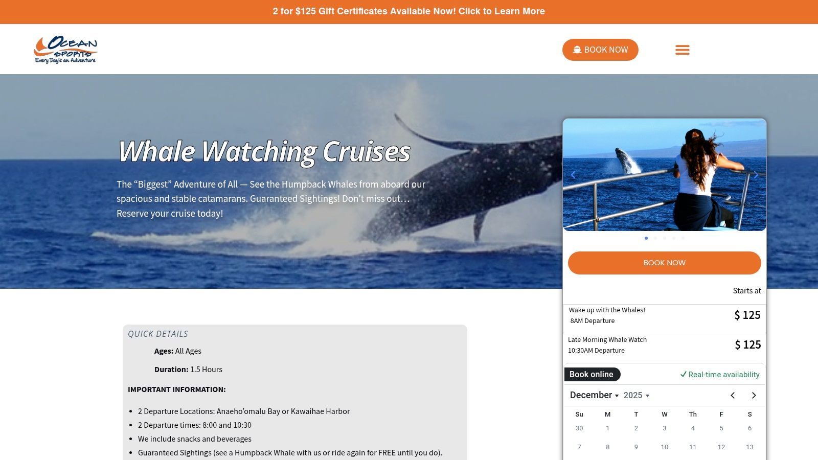 The Ocean Sports website homepage, showcasing their whale watching tours on the Big Island.