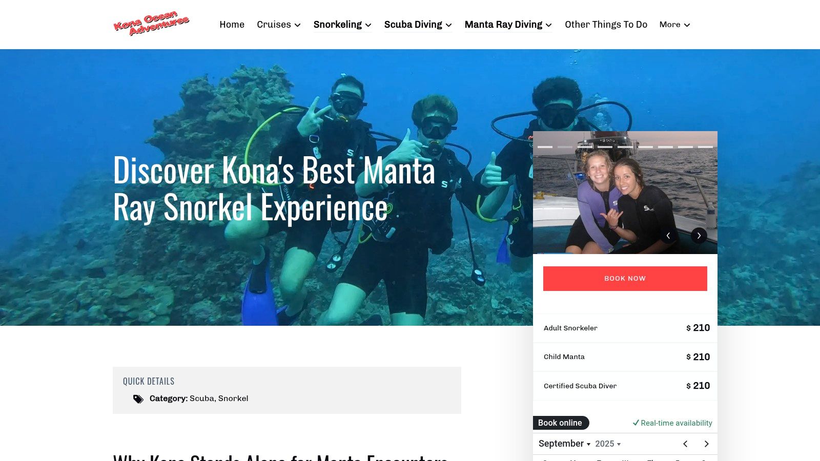 Kona Ocean Adventures website showing tour details and images of manta rays